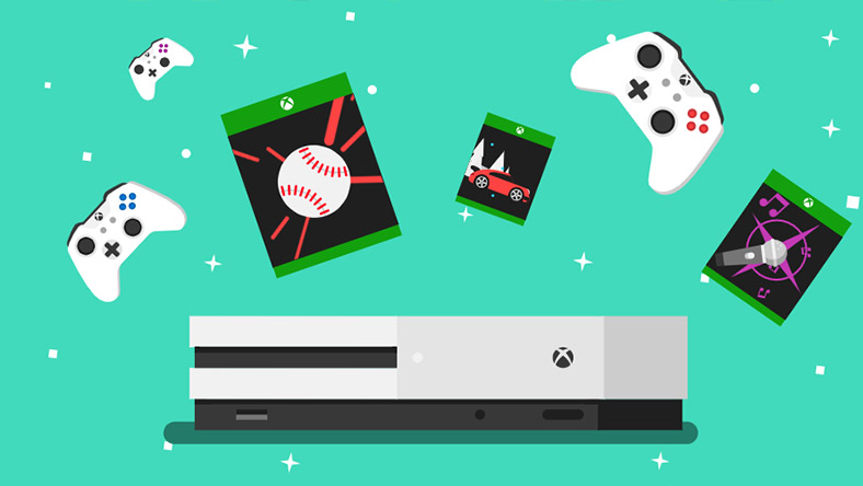Games and controllers appear over an Xbox One console.  Stars are in the background.