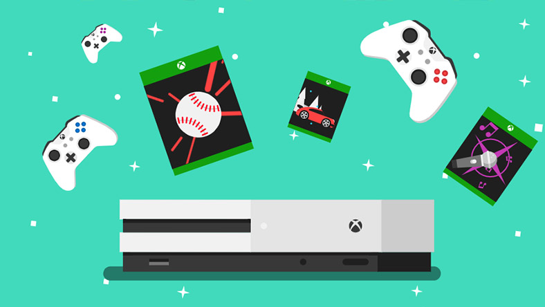 Games and controllers appear over an Xbox One console. Stars are in the background.