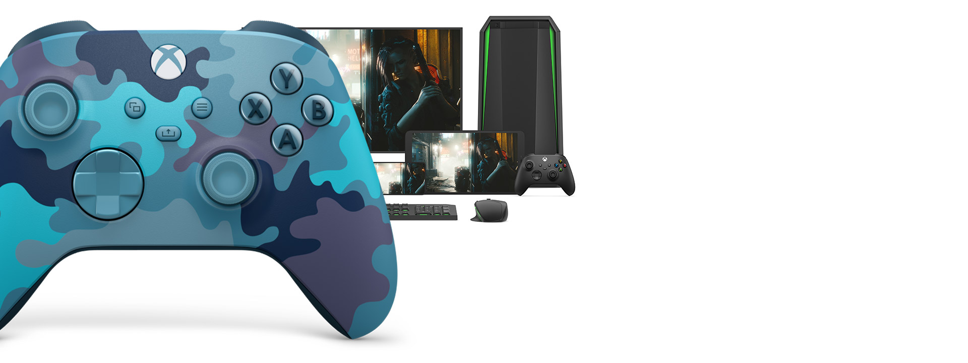 Manette sans fil Xbox - édition spéciale Mineral Camo devant un ordinateur portable, un moniteur, une tablette, un téléphone, une manette sans fil Xbox, une souris et un clavier
