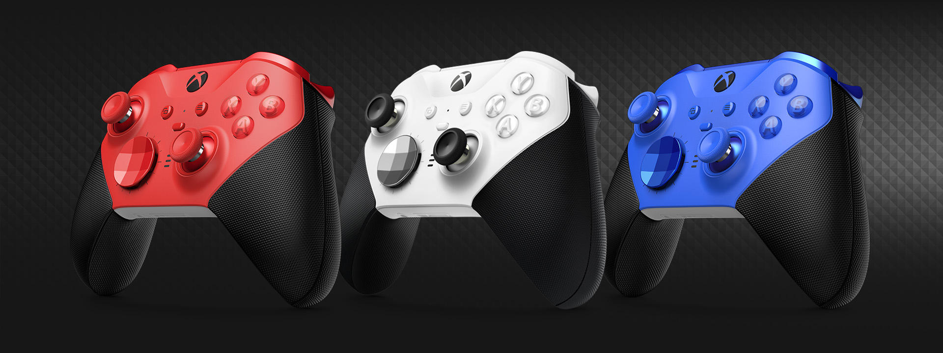 A line-up of the Xbox Elite Wireless Controller Series 2 – Core, featuring red, white, and blue.