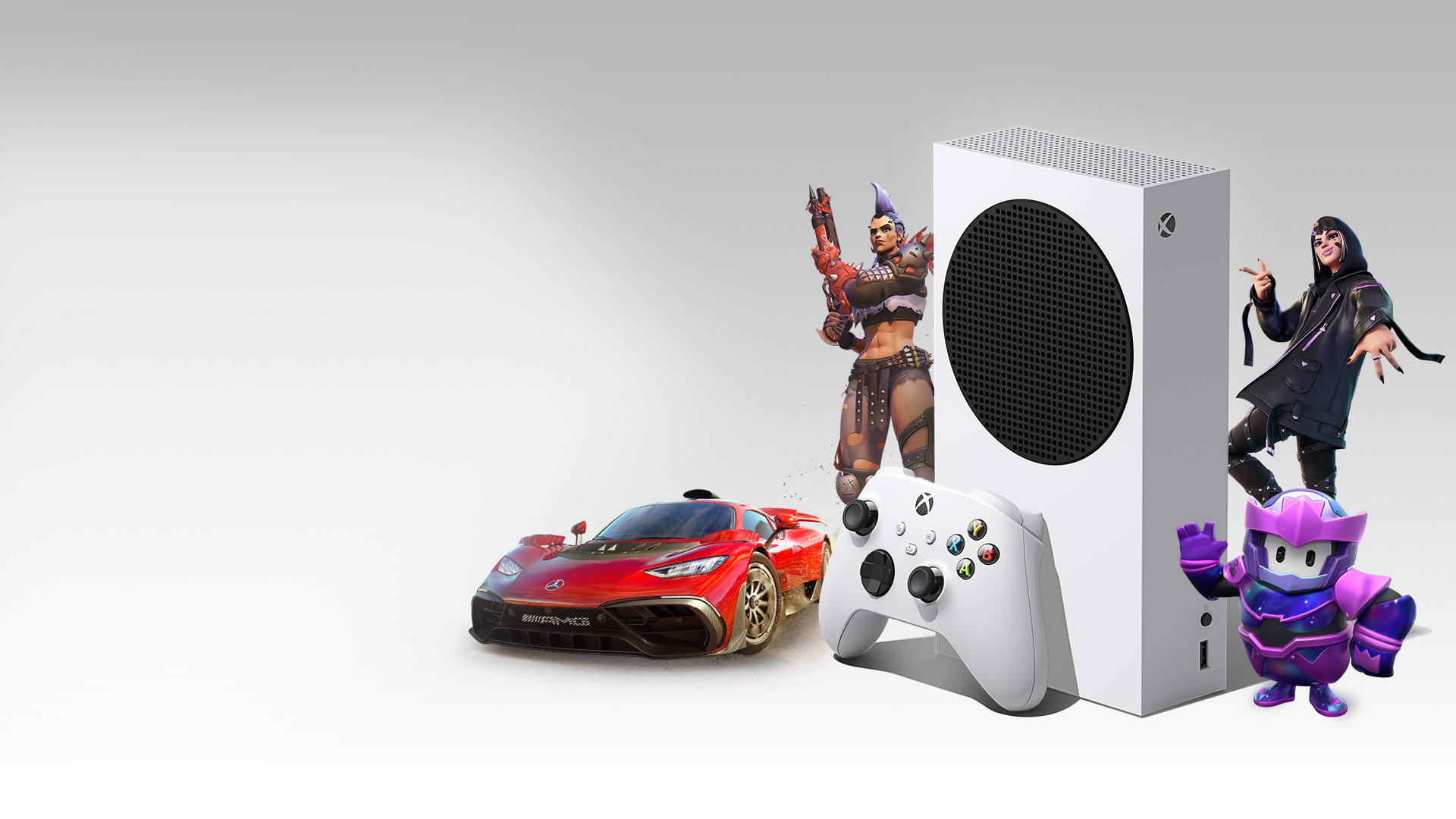Xbox Series S készülék Overwatch 2-, Fortnite- és Fall Guys-karakterekkel, valamint a Forza Horizon 5-beli Mercedes-AMG One autóval körülvéve.