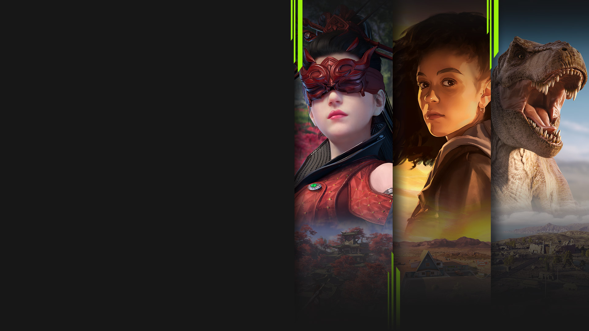 Game art from multiple games available with PC Game Pass including NARAKA: BLADEPOINT, As Dusk Falls, Jurassic World Evolution 2, and Farming Simulator 22.