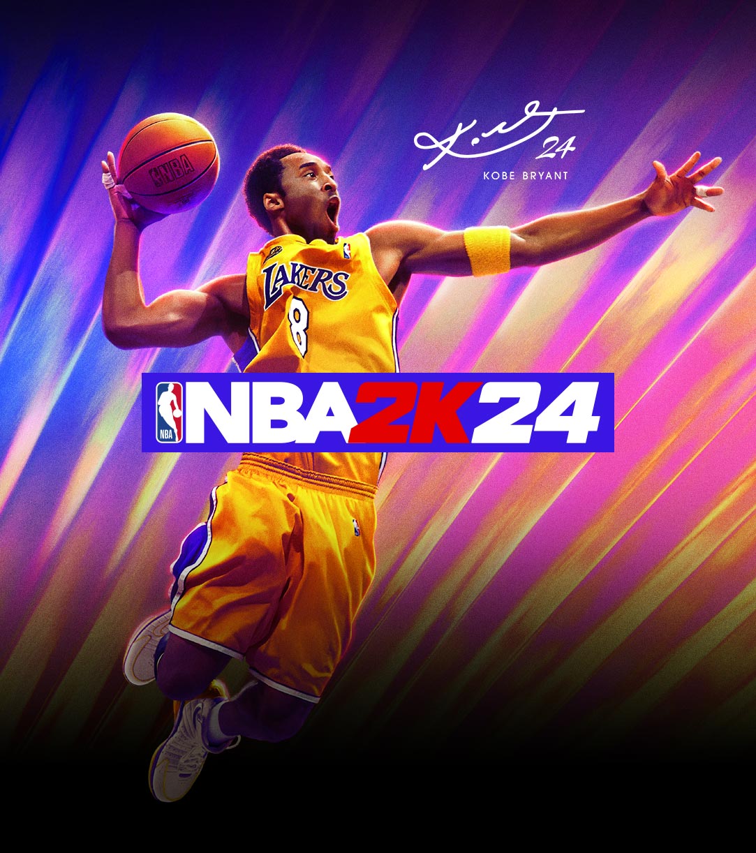 Kobe Bryant in a Lakers jersey leaping up in excitement to make a slam dunk with his signature that incorporates the number 24 featured in the lower right corner.
