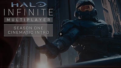 Halo Infinite Multiplayer Staffel One Cinematic Intro, ein Spartaner hält seine Hand mit einer Stadtlandschaft hinter ihm aus