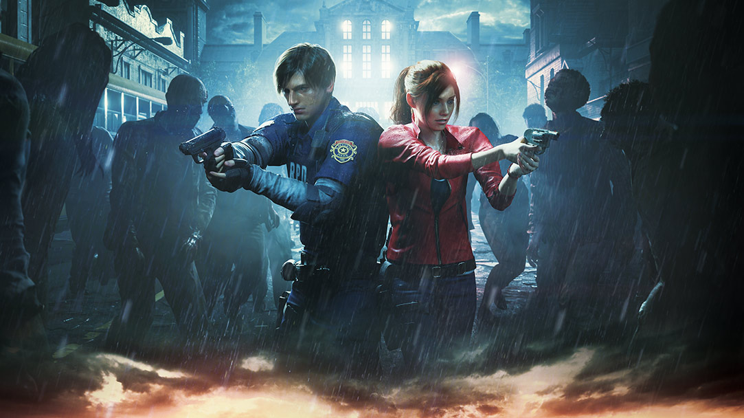 Leon Kennedy a Claire Redfield stoja bok po boku dvíhajúc zbrane na okolostojace zombie