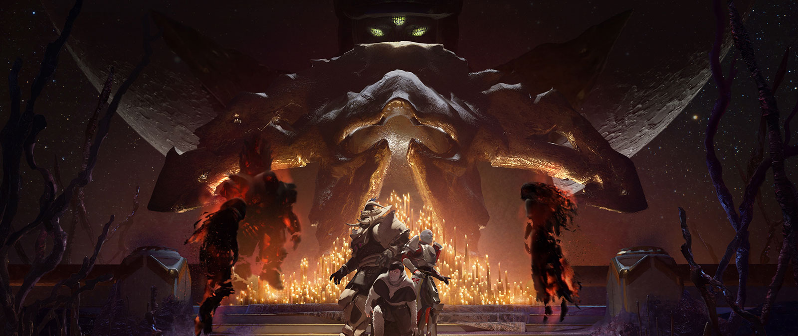 Three Nightmare bosses approach a group of scared players surrounded by lit candles, as The Leviathan watches in the background.