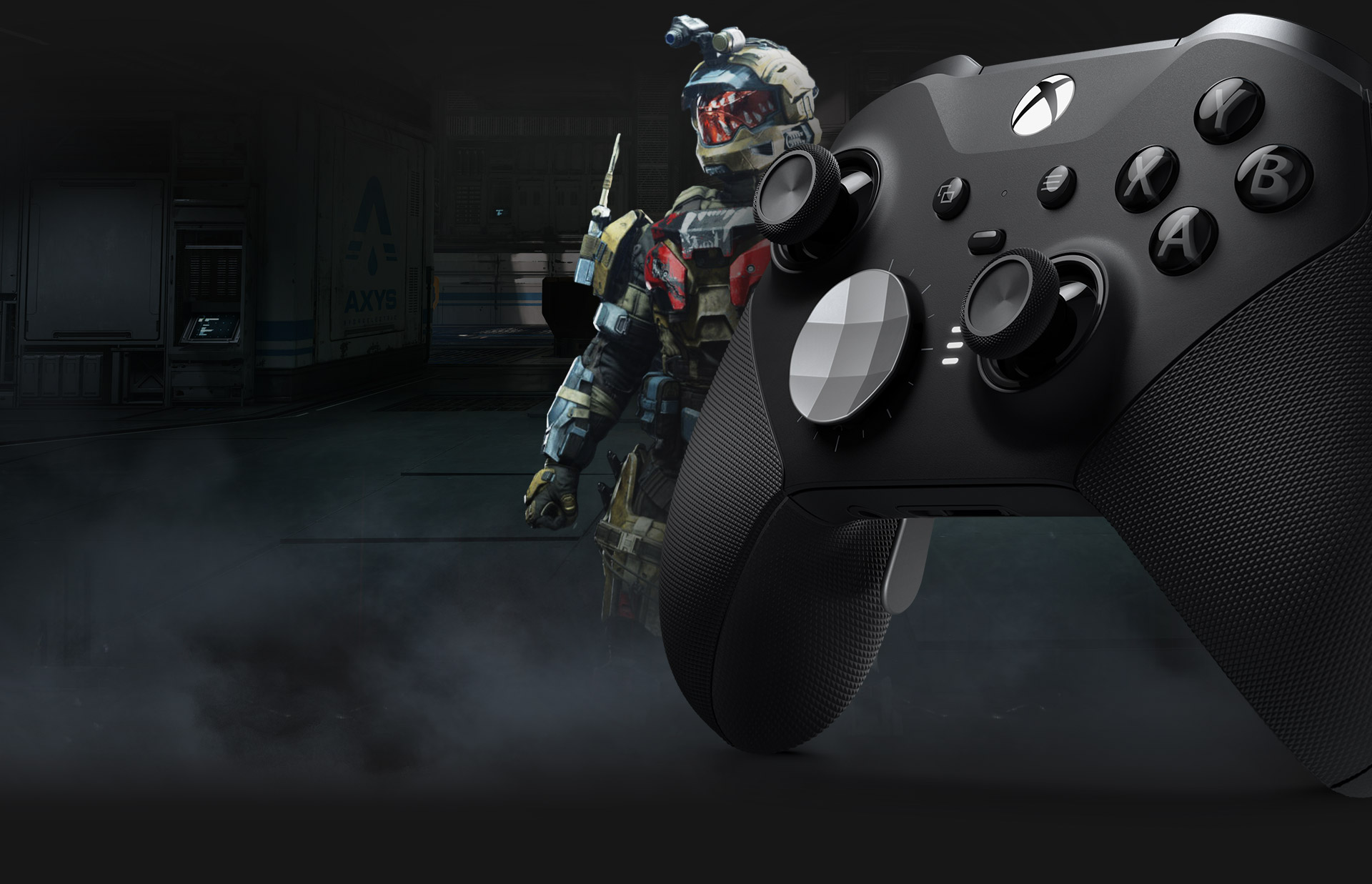 Front left angle of the Xbox Elite Wireless Controller Series 2 in front of a Spartan from Halo Infinite.