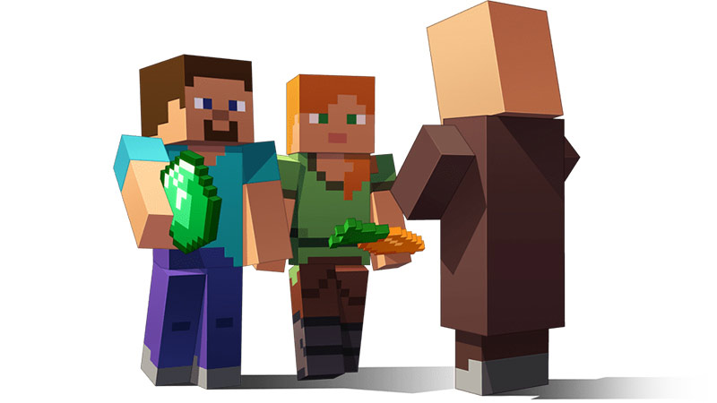 3 Minecraft-spillere, én, der holder en smaragd, og én, der holder en gulerod og vender mod en tredje karakter i en brun kappe.