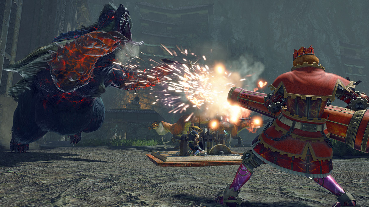 Um guerreiro a disparar um canhão vermelho, enquanto combate uma besta feroz.