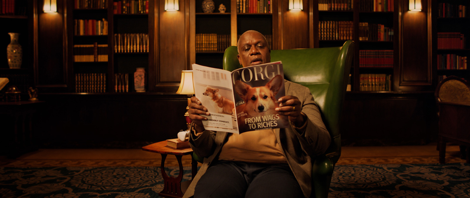 Andre Braugher reads Corgi magazine. FROM WAGS TO RICHES.