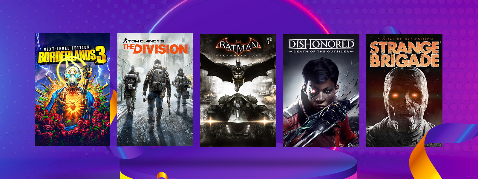 Box art from games that are part of the Games Under $20 Sale, including Tom Clancy’s The Division, Batman: Arkham Knight, and Strange Brigade – Digital Deluxe Edition.