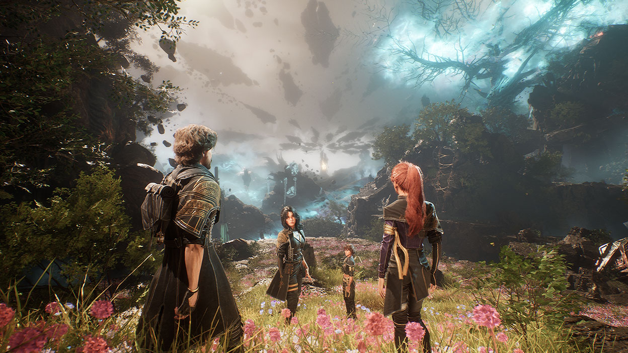 Four characters standing in a field of flowers with a dark sky full of floating rocks overhead.