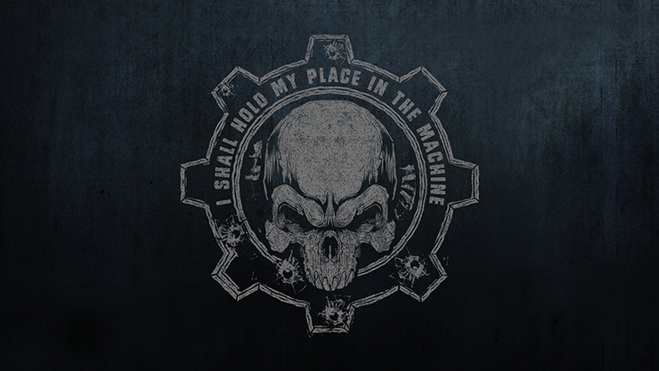 I SHALL HOLD MY PLACE IN THE MACHINE, A skull inside of a Gears cog