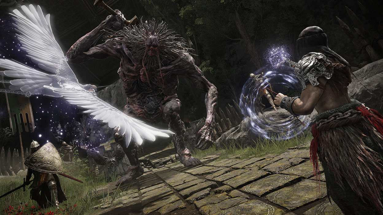 Des personnages combattant un gros monstre avec un personnage ressemblant à un oiseau blanc volant au-dessus