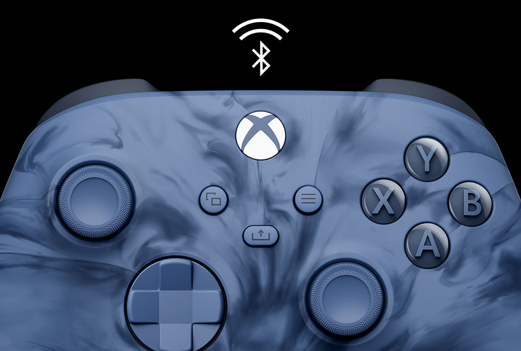 Vista en primer plano central del Mando inalámbrico Xbox: Stormcloud Vapor Special Edition con un logotipo de Bluetooth.