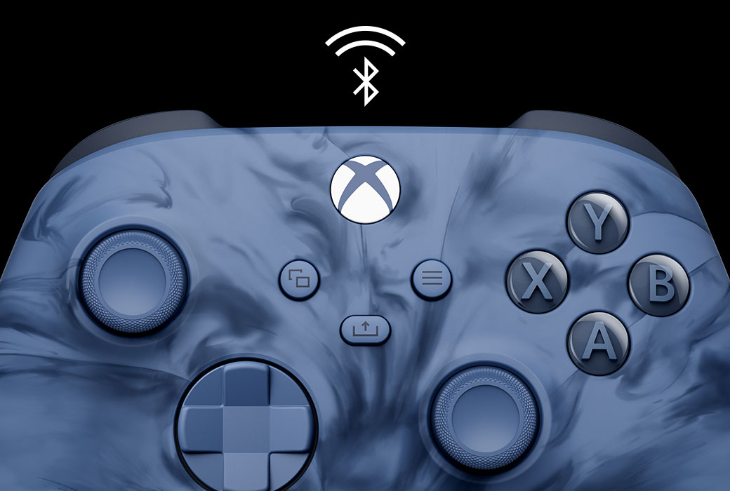 Primo piano centrale del Controller Wireless per Xbox – Edizione speciale Stormcloud Vapor con un logo di Bluetooth