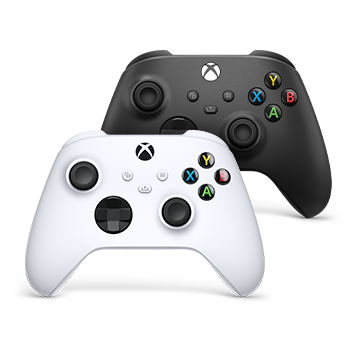 A pair of black and white Xbox Wireless Controllers