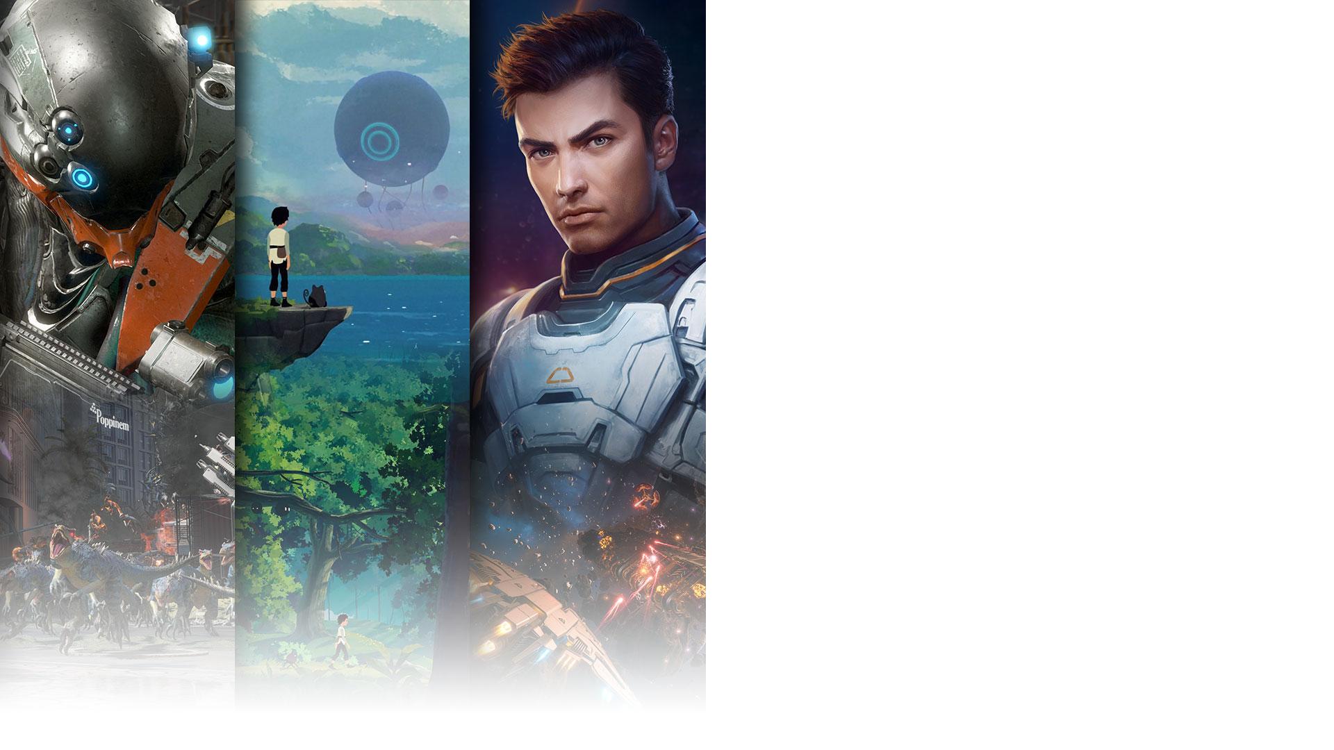 Игровое изображение из трех игр, выходящих на Game Pass в первый день: Exoprimal, Planet of Lana и Everspace 2.