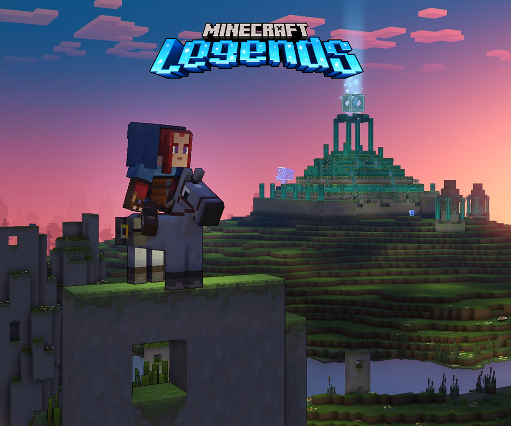 Minecraft Legends, 영웅이 우뚝 솟은 구조물 꼭대기에서 말을 타고 있습니다.