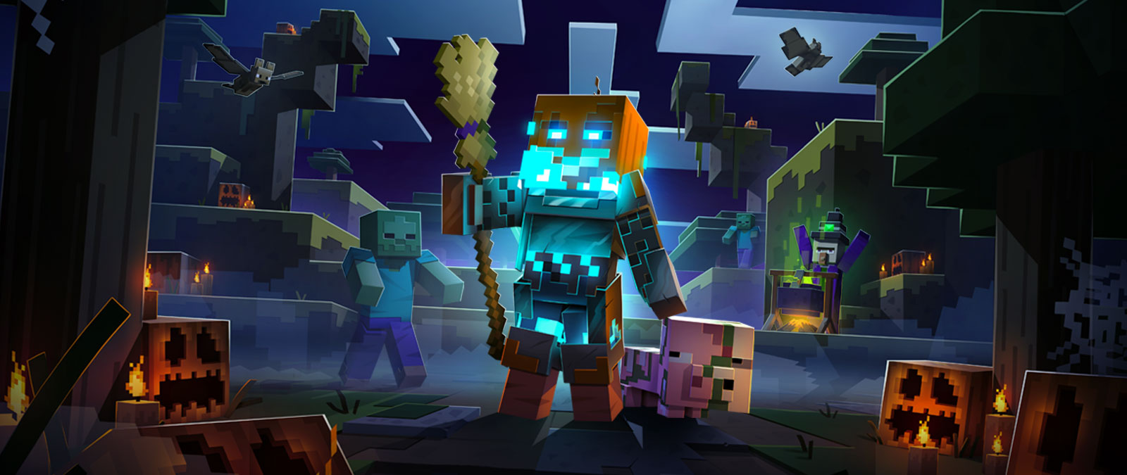 Minecraft Dungeons character in a jack-o-lantern skin holding a broom with pumpkins, zombies, bats, and a witch villager.