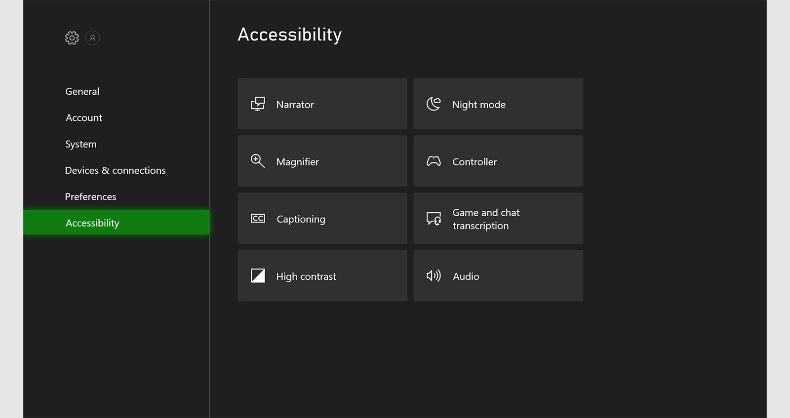 Screenshot of the Accessibility options under a Settings menu.