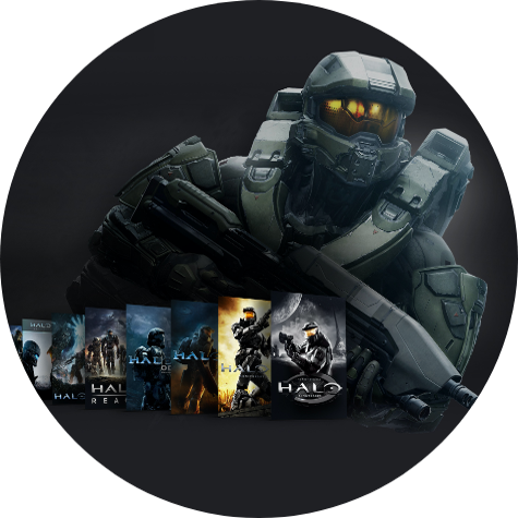 Master Chief stands behind a collection of games from the Halo franchise.