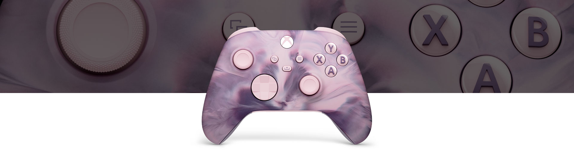 Front view of Xbox Wireless Controller – Dream Vapor Special Edition with close-up view in the background.