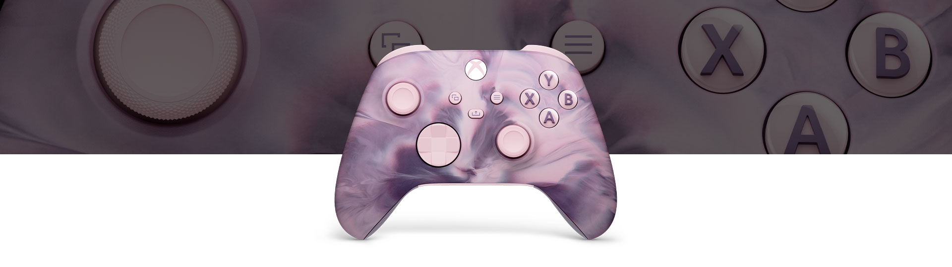 Vue avant de la manette sans fil Xbox - Édition spéciale Dream Vapor avec un plan rapproché en l’arrière-plan.