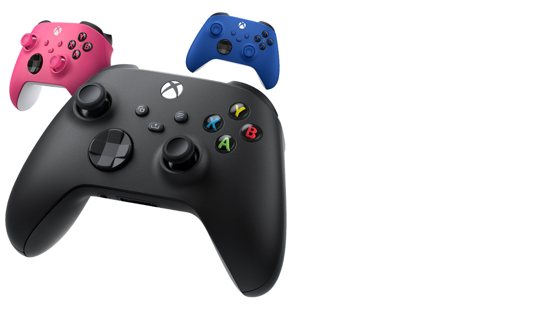 Xbox wireless controllers carbon black, Shock blue, and deep pink 