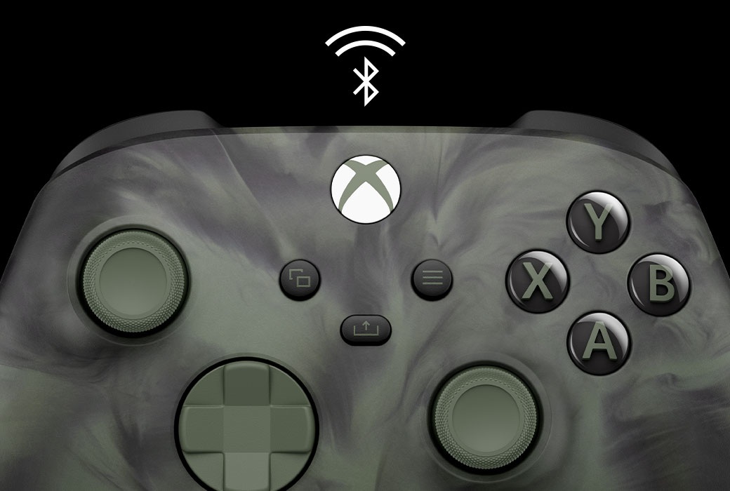 Xbox 무선 컨트롤러 - Nocturnal Vapor 스페셜 에디션을 정면 가까이에서 본 모습과 Bluetooth 로고