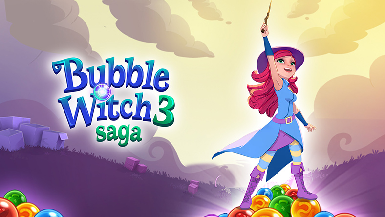 Vista frontale del personaggio di Bubble Witch 3 che stringe una bacchetta verso il cielo