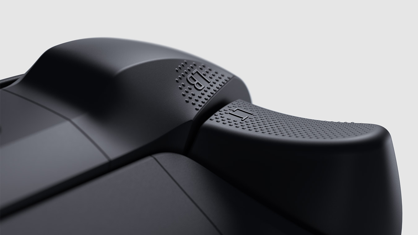 update main gallery with image: Close up angle of the textured triggers on the Xbox Wireless Controller Carbon Black