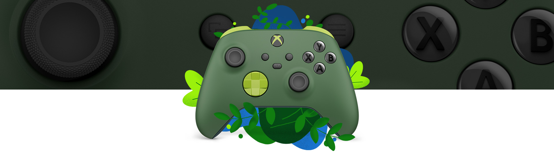 Front view of Xbox Wireless Controller – Remix Special Edition surrounded by vegetation and splashes of blue water with close-up view in the background.