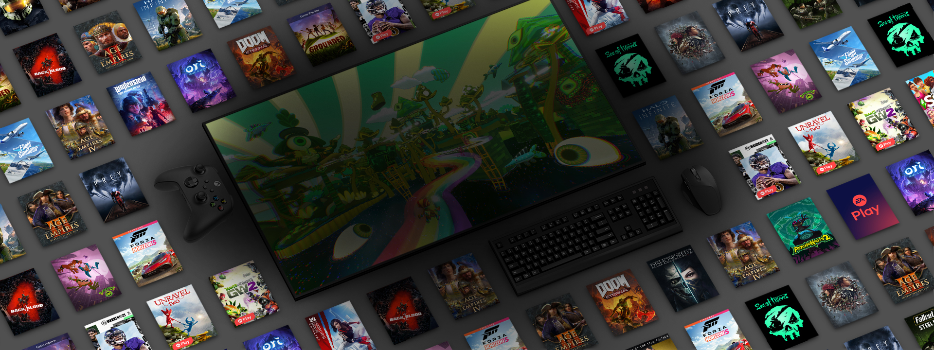 Uma série de fotos de capas de jogos em torno de um monitor de PC mostrando uma cena de Psychonauts 2