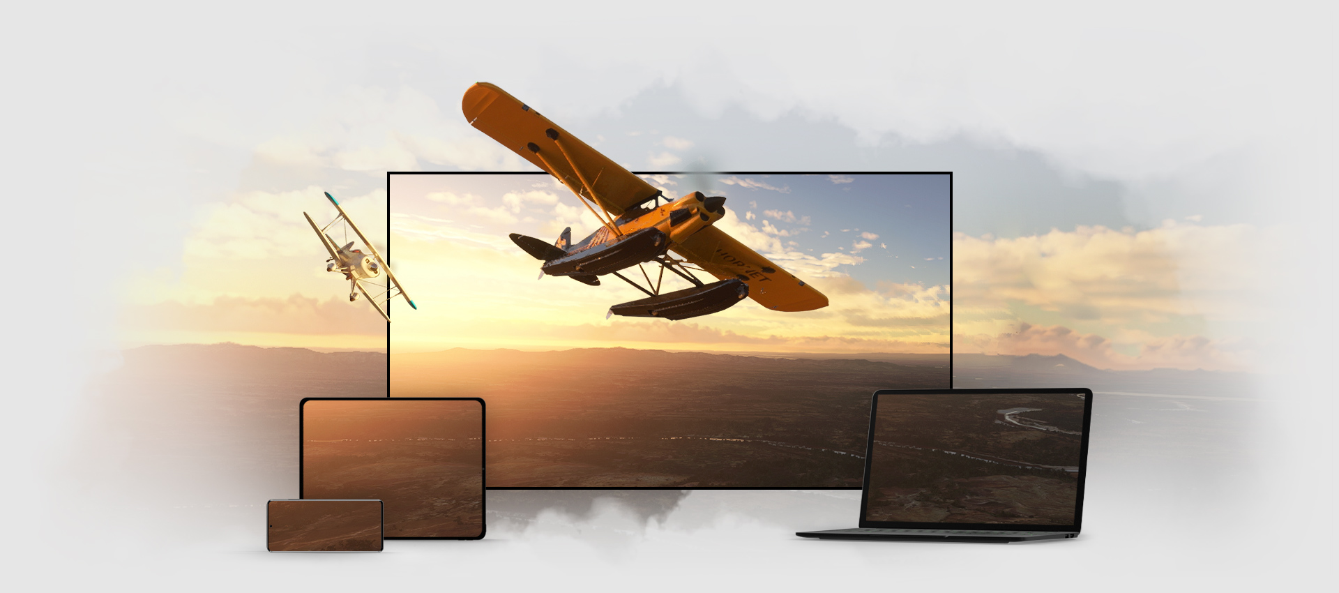 Microsoft Flight Simulator-gameplay wordt weergegeven op meerdere apparaatschermen, waaronder een laptop, tv, telefoon en tablet.