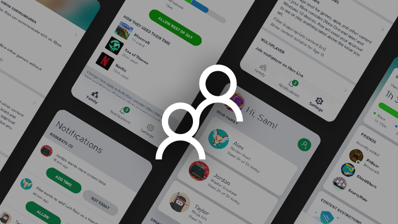 Un collage de imágenes de la interfaz de usuario de la app XBOX Family Settings, superpuestas con el contorno de dos figuras humanas