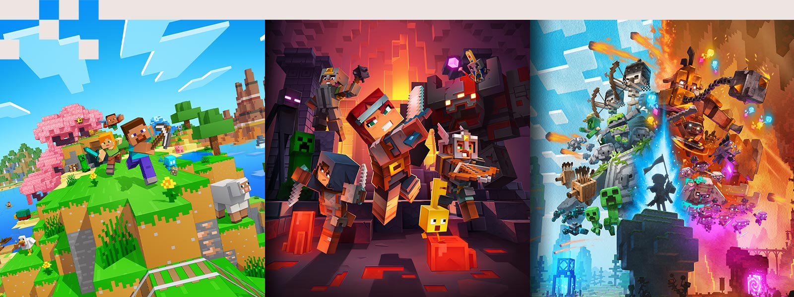 En fotomontasje med Minecraft-figurer fra Minecraft, Minecraft Dungeons og Minecraft Legends.