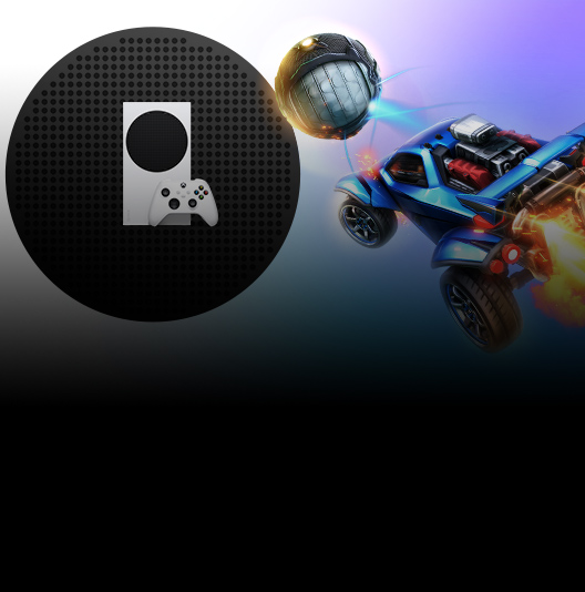 Rocket League and Xbox Series S. A rocket powered car flies toward an airborne ball in the direction of an Xbox Series S console.