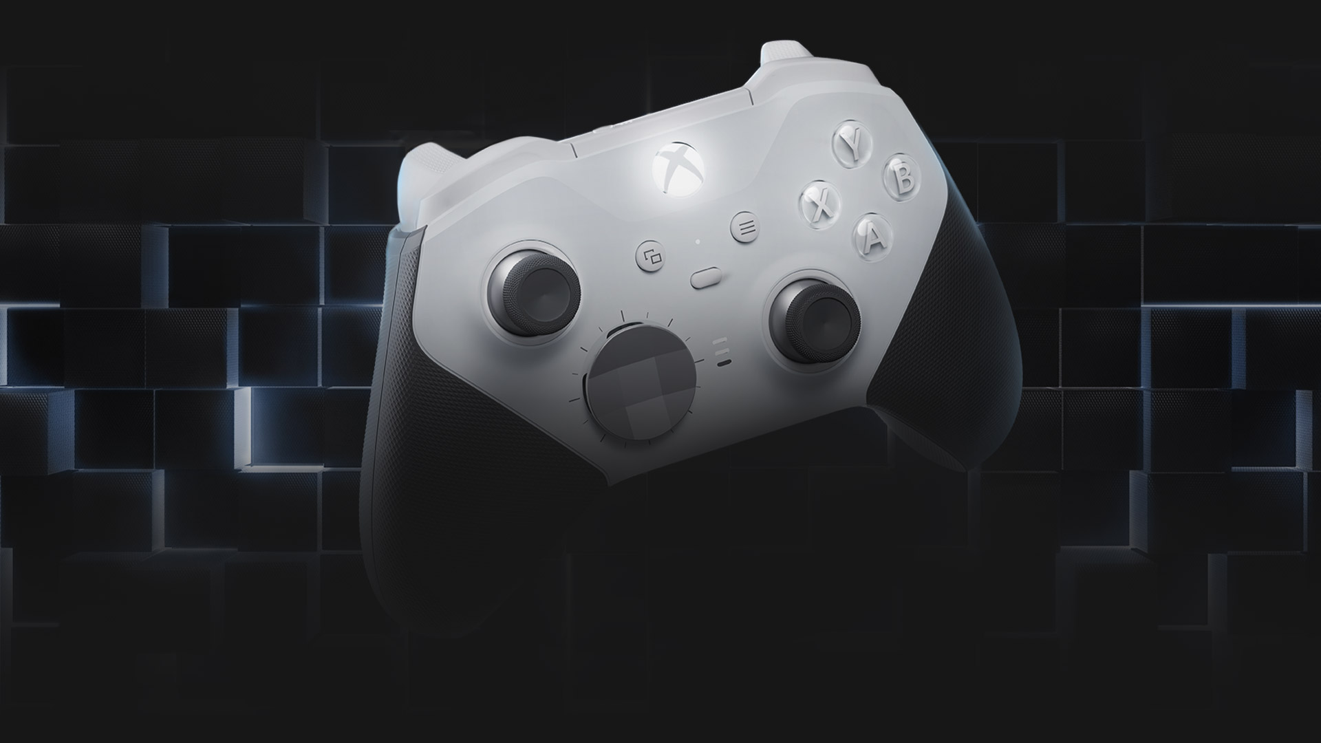 Κινούμενη εικόνα του ασύρματου χειριστηρίου Xbox Elite Series 2 – Core μπροστά από ένα φόντο με κύβους.