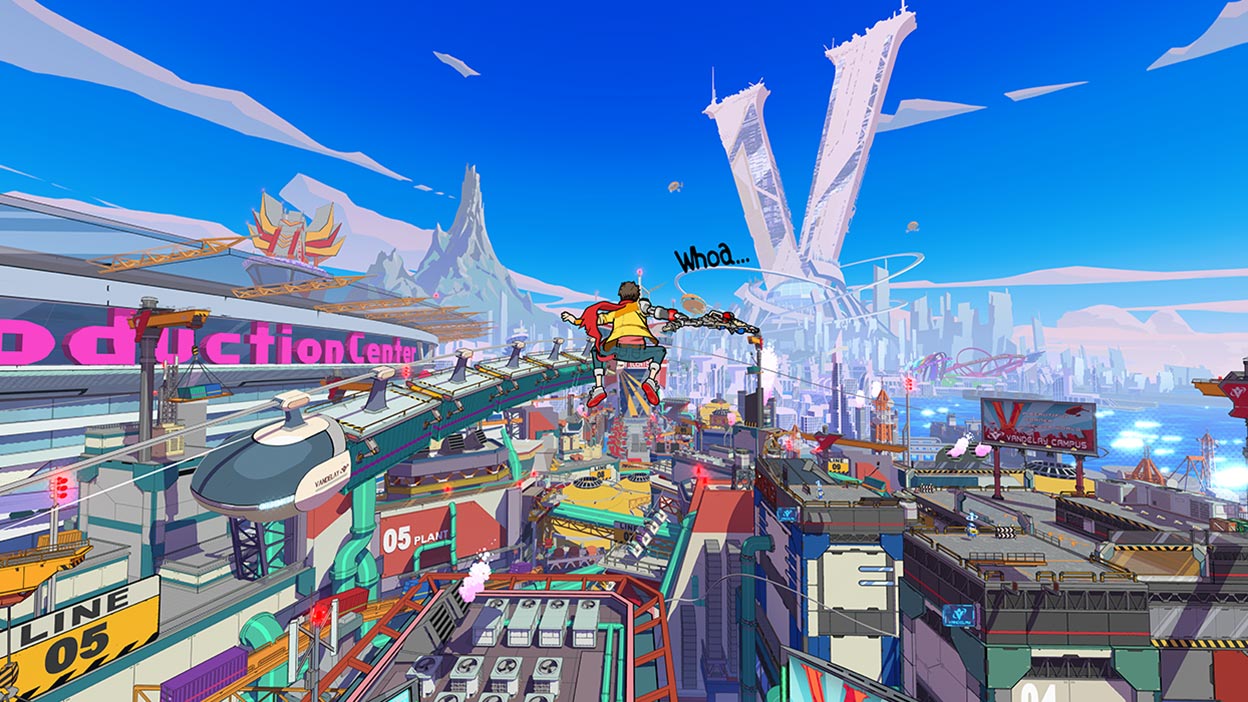 Chai vyskakuje do vzduchu nad futuristickým mestom.