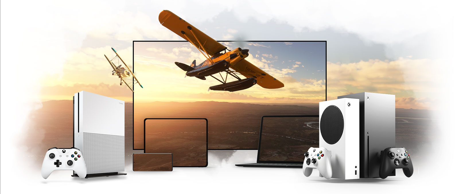 Řada zařízení včetně televizoru, Xboxu One a Xboxu Series X, vrtulové letadlo odlétá od sluncem zalitého horizontu.
