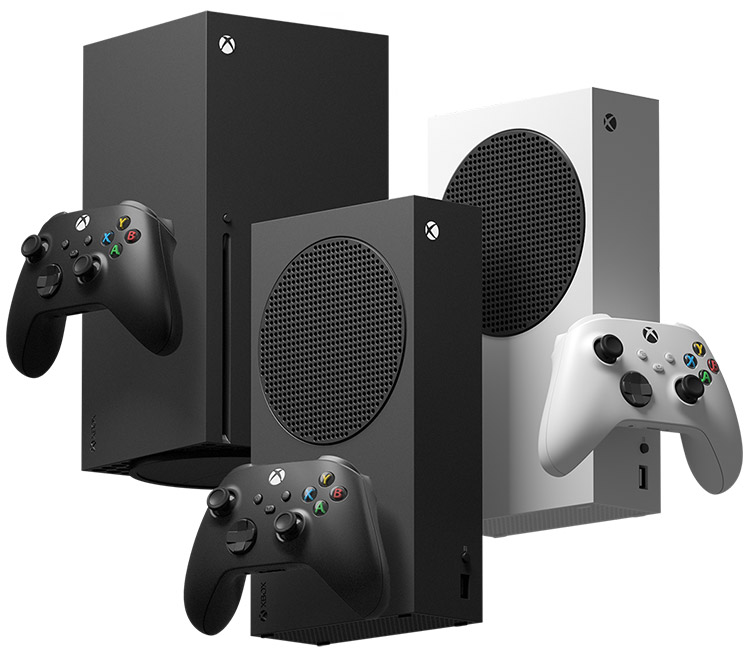 Une Xbox Series X, Xbox Series S et Xbox Series S - 1 To (Noire) flottent dans les airs.