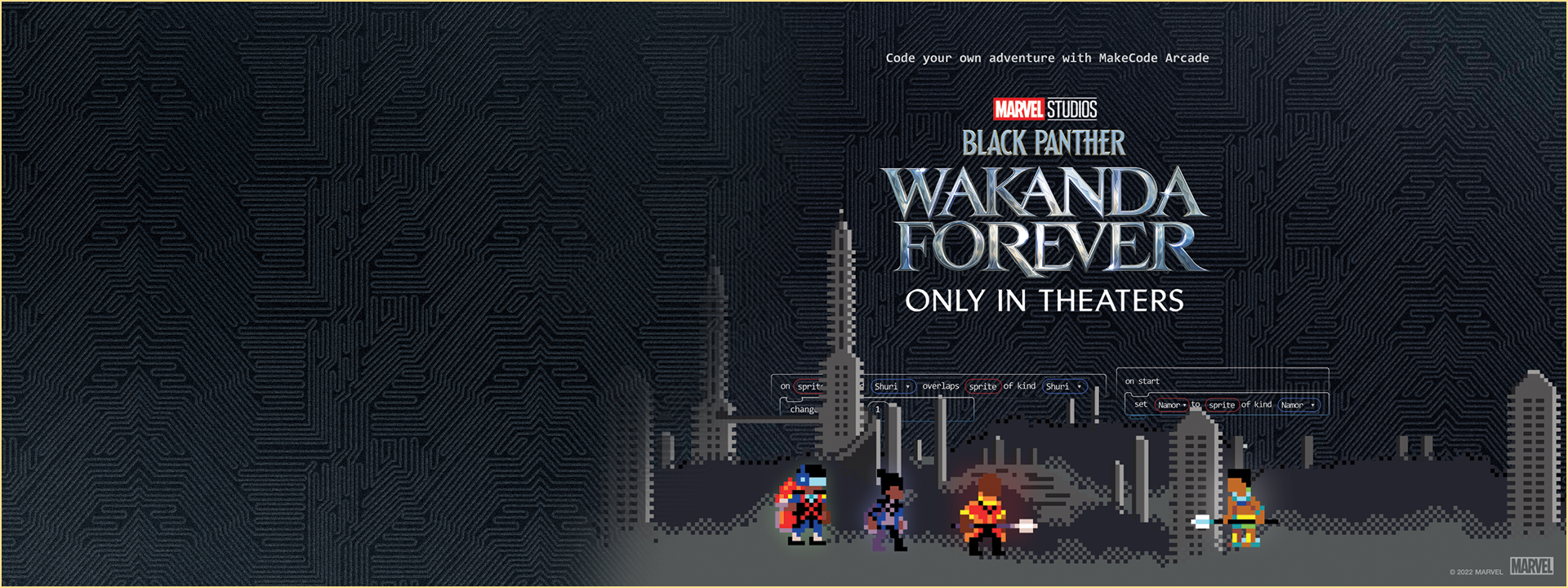 The Black Panther: Wakanda Forever logo, above a pathway representing a coding journey. Several parts of the path have lock icons, representing different levels or progression on the journey.