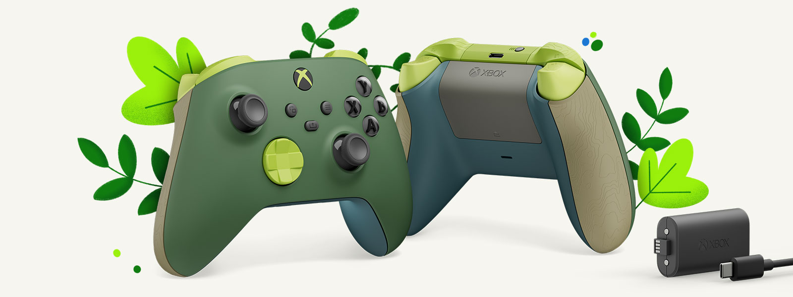 Zwei Controller sind nebeneinander und mittig vor Grünpflanzen angeordnet. Der erste Controller zeigt die Vorderseite des Remix Special Edition Wireless Controllers und der andere die Rückseite des Remix Special Edition Wireless Controllers. Das wiederaufladbare Akku-Pack von Xbox ist ganz rechts abgebildet.