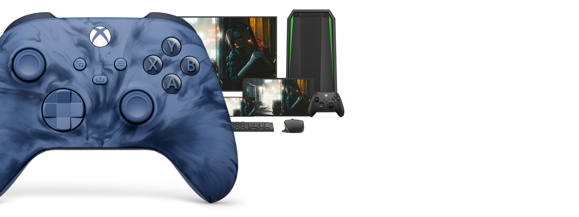 A Stormcloud Vapor Special Edition vezeték nélküli Xbox-kontroller jobb oldalának elülső nézete, mögötte különféle játszható platformokkal