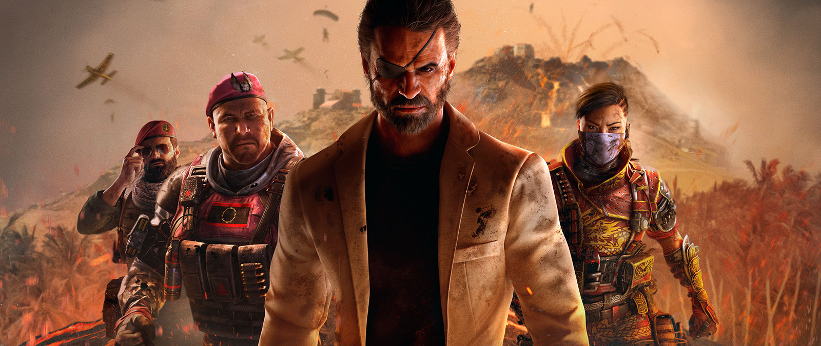 Four operators walk away from a burning island warzone as a volcano erupts behind them.