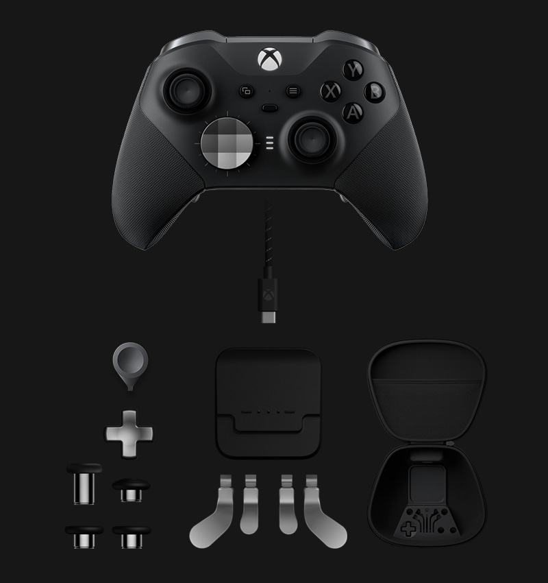 Xbox Elite trådlös handkontroll Series 2 med alla dess inkluderade komponenter: utbytbara styrspakar, klassisk d-pad, justeringsverktyg för styrspakar, laddningsbas, USB-C-kabel, uppsättning växelspakar och en bärväska.