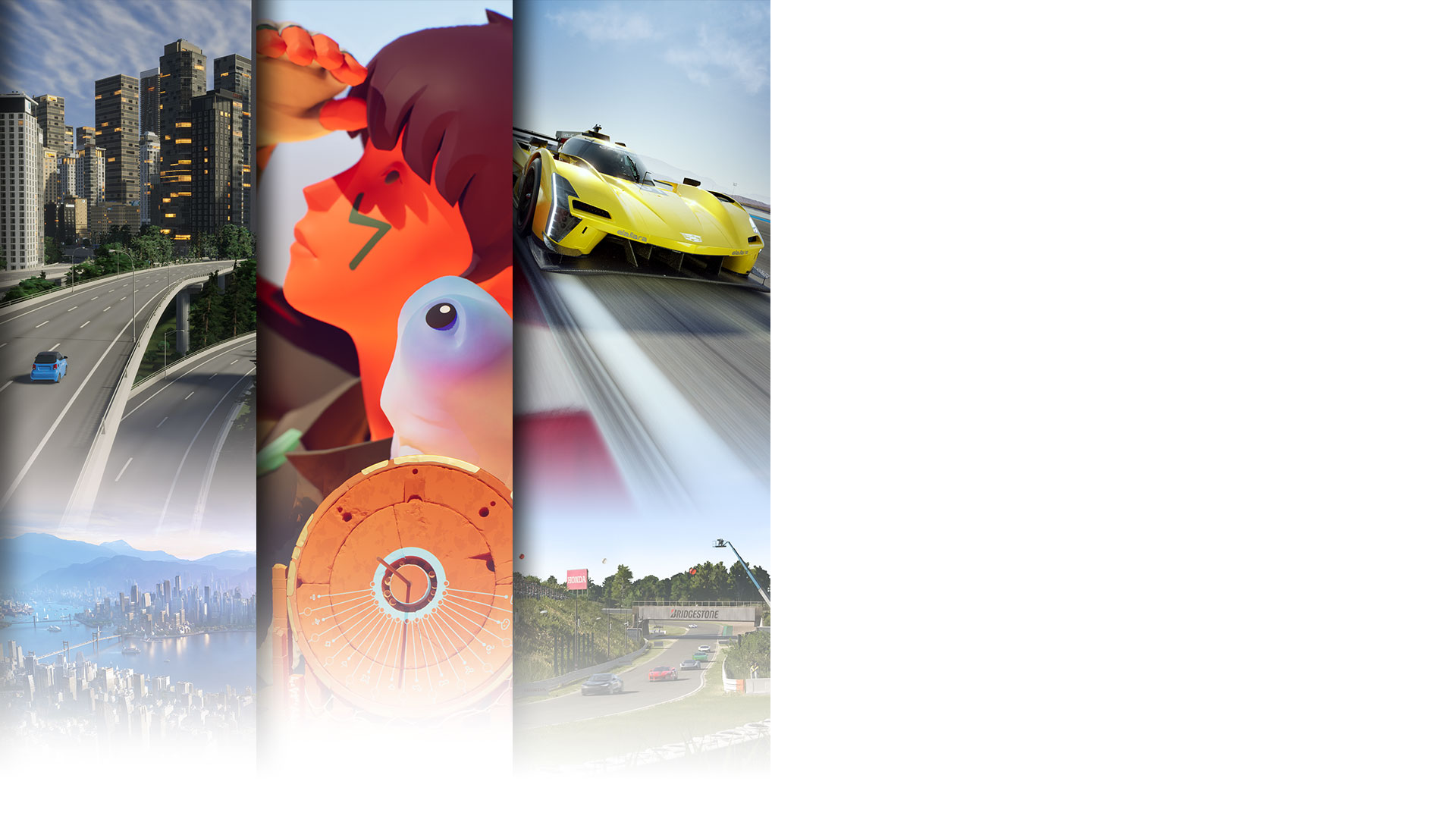 Game-illustraties van drie titels die op dag één op Game Pass verschijnen, waaronder Cities Skylines 2, Jusant en Forza Motorsport.