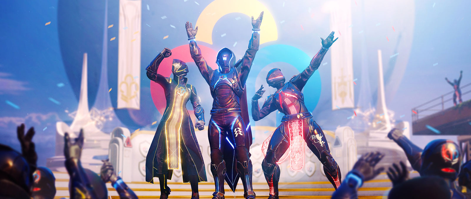Three players in neon armored suits strike a victory pose during a celebration. 