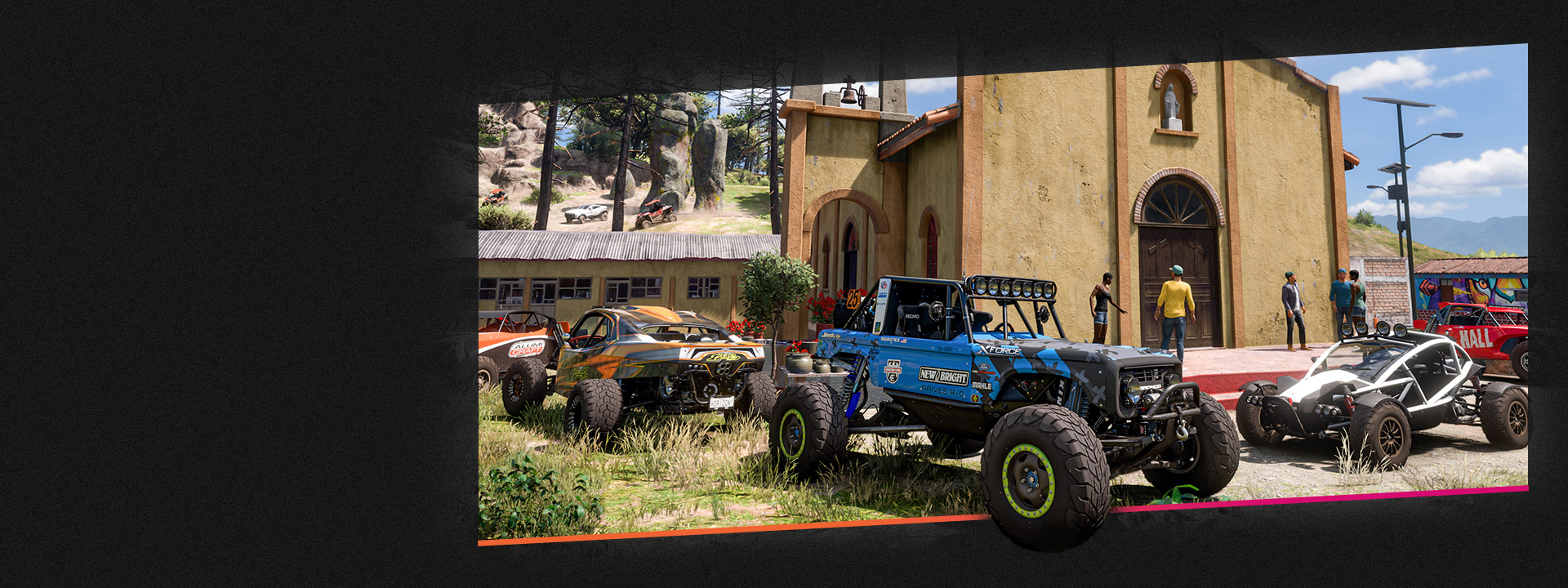 Several cars outside a church in Mexico.